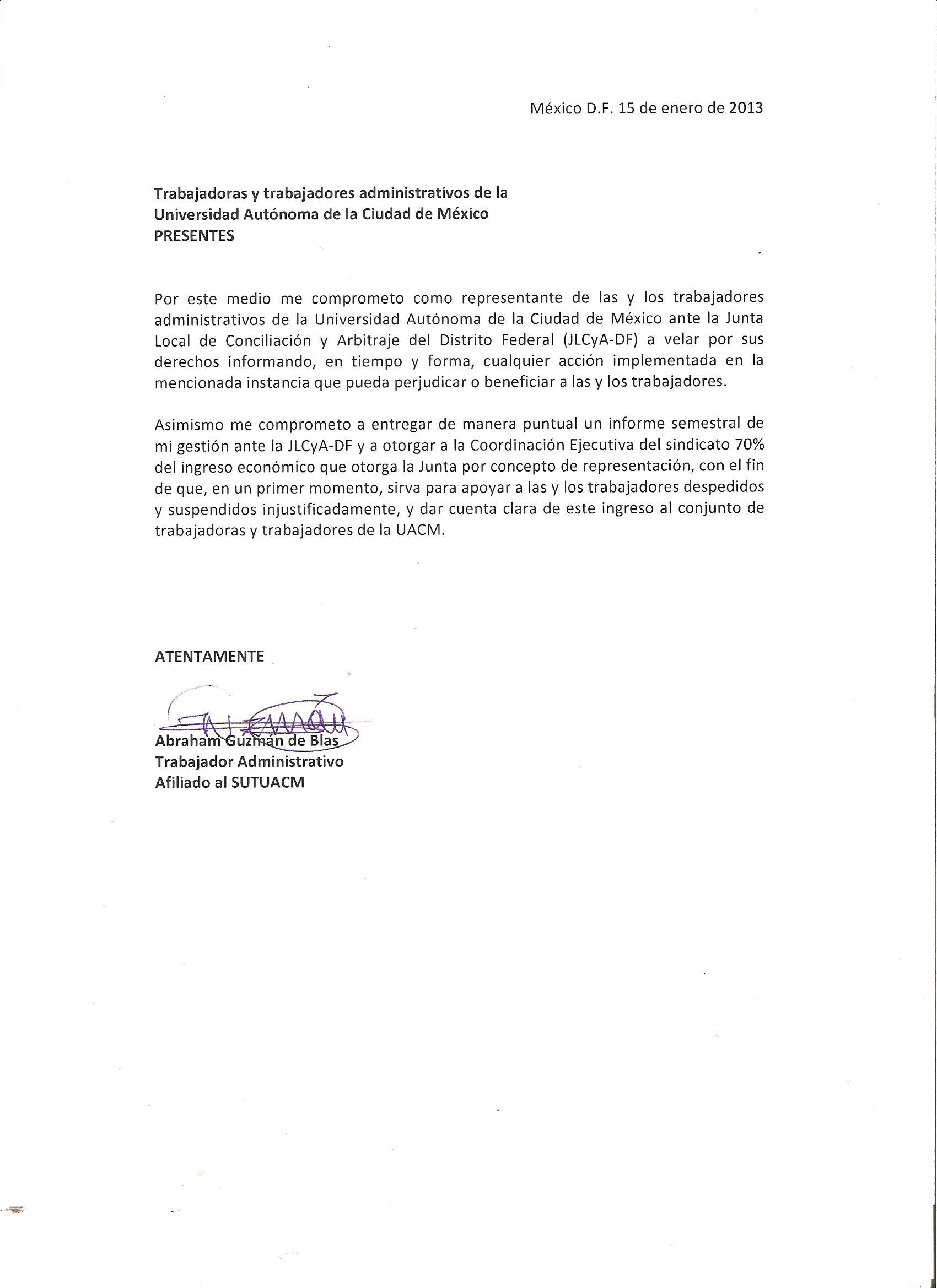 Carta compromiso de los nuevos representantes del SUTUACM 